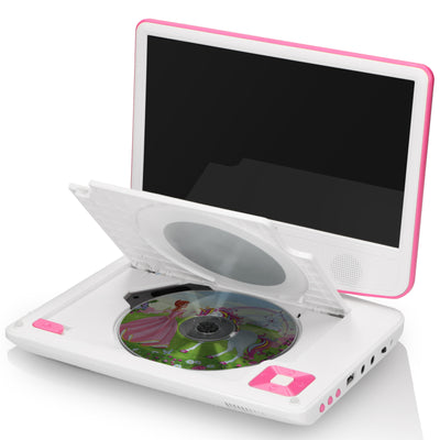 LENCO DVP-910PK - Przenośny odtwarzacz DVD 9" ze słuchawkami USB i uchwytem montażowym - Różowy/biały
