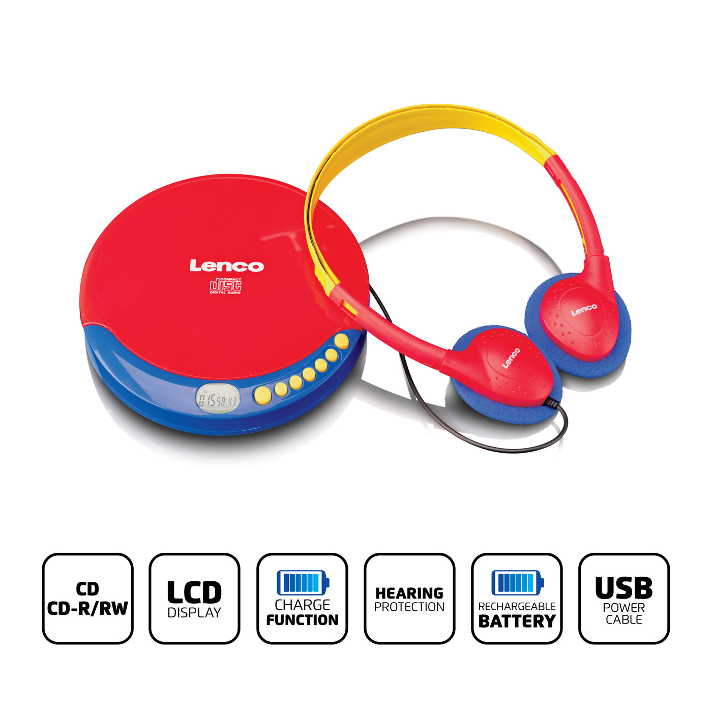 LENCO CD-021KIDS - Portable CD player for children with kids headphones, rechargeable batteries, and built-in sound limiter - Multicoloured