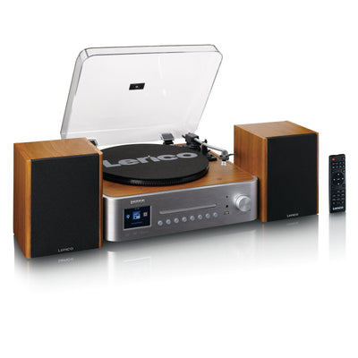 LENCO MC-660WDSI - Hi-Fi system with internet, DAB+, and FM radio, Bluetooth®, CD/MP3 player, and turntable with two external wooden speakers - Silver/Wood