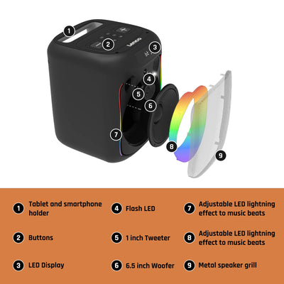 LENCO PA-101BK – Bluetooth® Party Speaker with LED Light Effects – 100W RMS, USB, 14-Hour Battery Life – Black