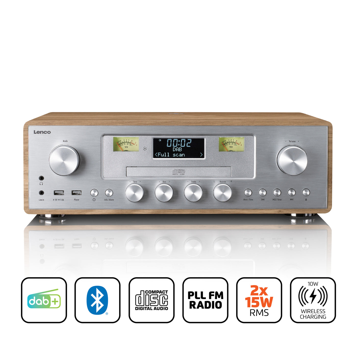 LENCO DAR-281WDSI - Radio DAB+/FM z odtwarzaczem CD, USB, Bluetooth® i punktem ładowania bezprzewodowego - Drewno/Srebro
