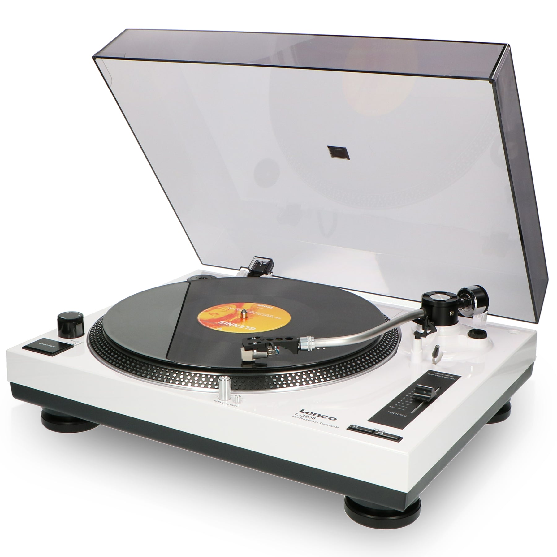 Lenco L-3808 Giradischi A Trazione Diretta Bianco - USB, Pre Phono Integrato, Testina Audio Technica, Pitch Control