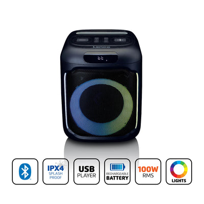 LENCO PA-101BK – Bluetooth® Party Speaker with LED Light Effects – 100W RMS, USB, 14-Hour Battery Life – Black