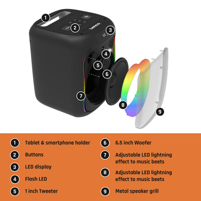 LENCO PA-100BK – Głośnik imprezowy Bluetooth® z efektami świetlnymi LED – 100 W RMS, USB, czas pracy baterii 14 godzin – Czarny