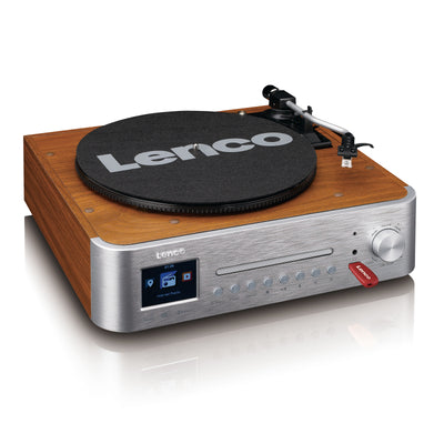 LENCO MC-660WDSI - Wieża Hi-Fi z Internetem, radiem DAB+ i FM, Bluetooth®, odtwarzaczem CD/MP3 i gramofonem z dwoma zewnętrznymi głośnikami drewnianymi - Srebrny/Drewno
