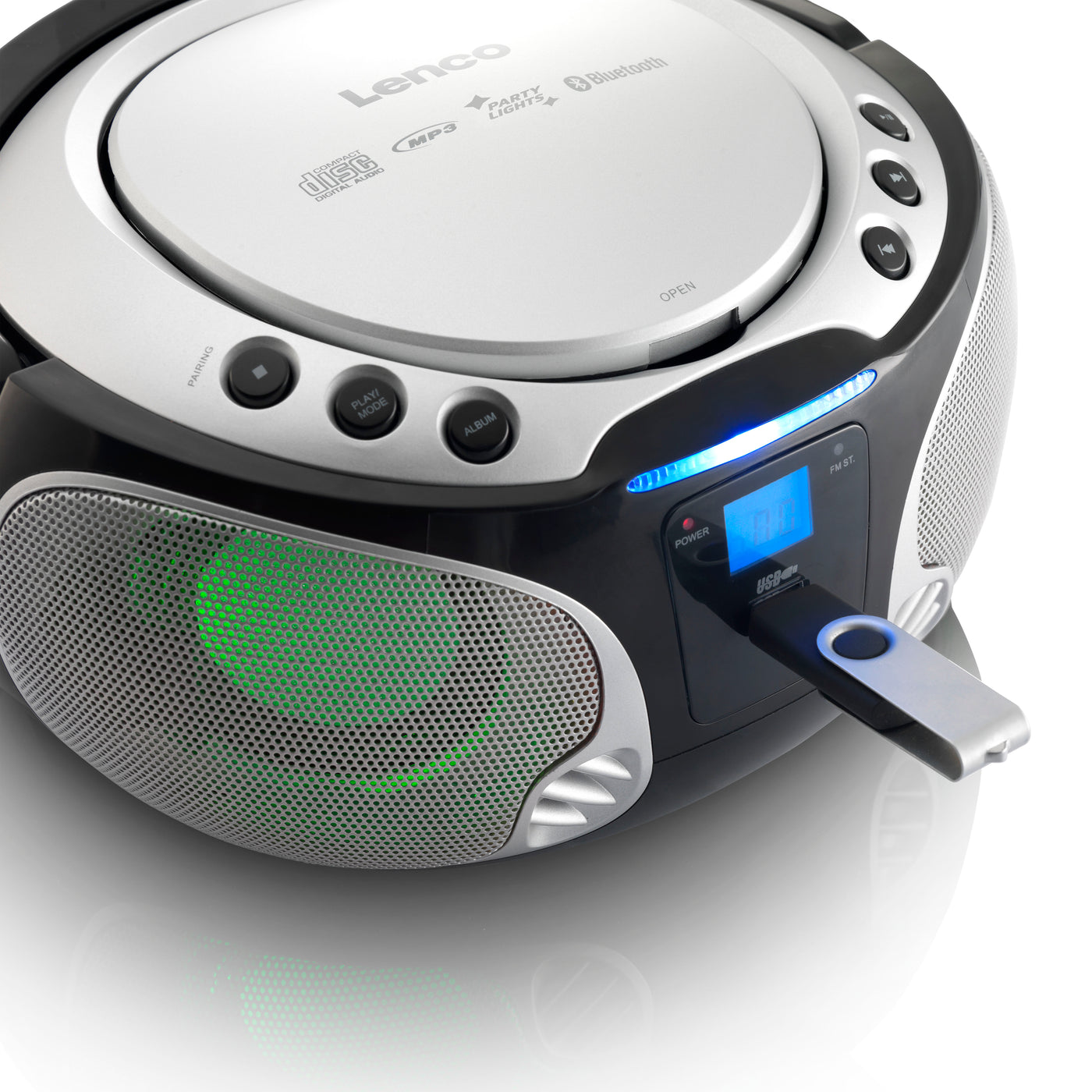 LENCO SCD-550SI - Przenośne radio FM Odtwarzacz CD/MP3/USB/Bluetooth® z oświetleniem LED - Srebrny