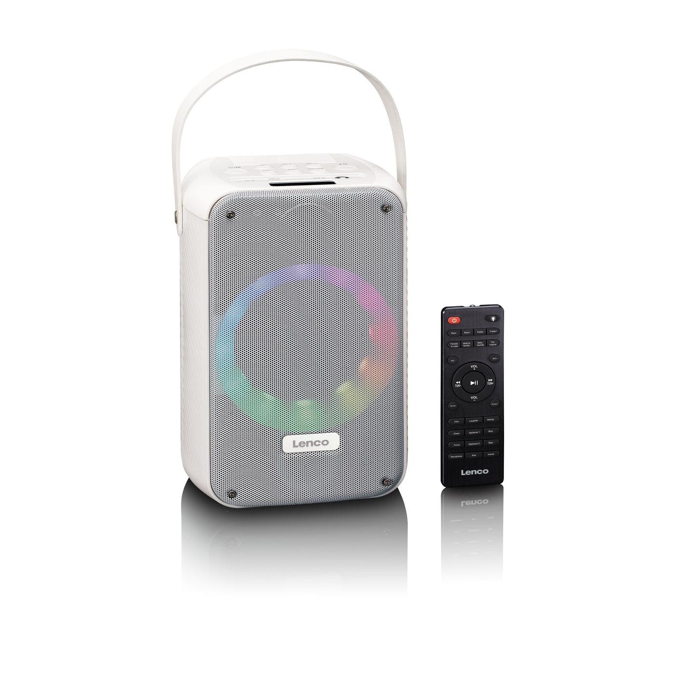 LENCO BTC-060WH - Zestaw do karaoke z Bluetooth®, akumulatorem, bezprzewodowym mikrofonem do karaoke i oświetleniem dyskotekowym LED - Biały