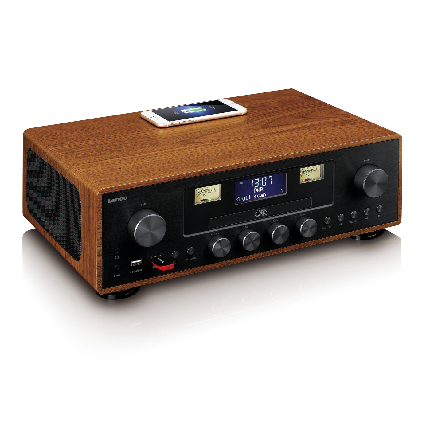 LENCO DAR-081WD - DAB+/FM radio with CD player, USB, Bluetooth and wireless charging point - Wood/Black