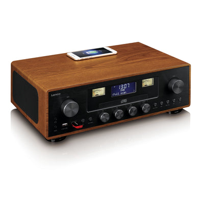 LENCO DAR-081WD - Radio DAB+/FM z odtwarzaczem CD, USB, Bluetooth i punktem ładowania bezprzewodowego - Drewno/Czarny
