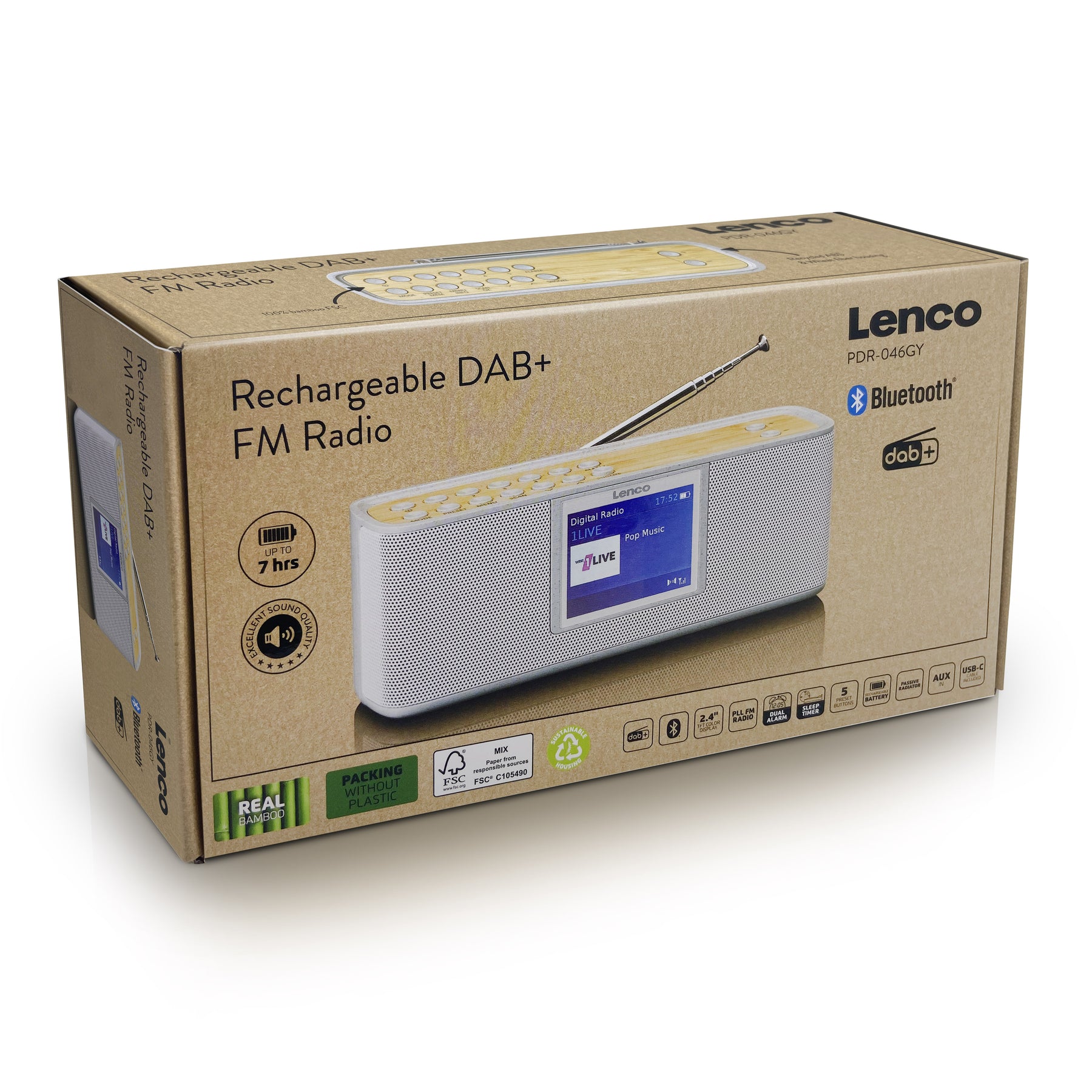 LENCO DAB+ – -Catalog Bluetooth® radio white/bamboo met 5.0, Eco - PDR-046GY Lenco