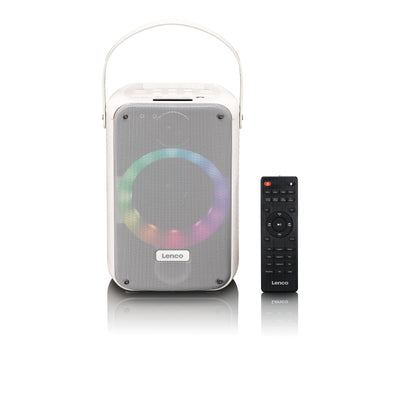 LENCO BTC-060WH - Zestaw do karaoke z Bluetooth®, akumulatorem, bezprzewodowym mikrofonem do karaoke i oświetleniem dyskotekowym LED - Biały