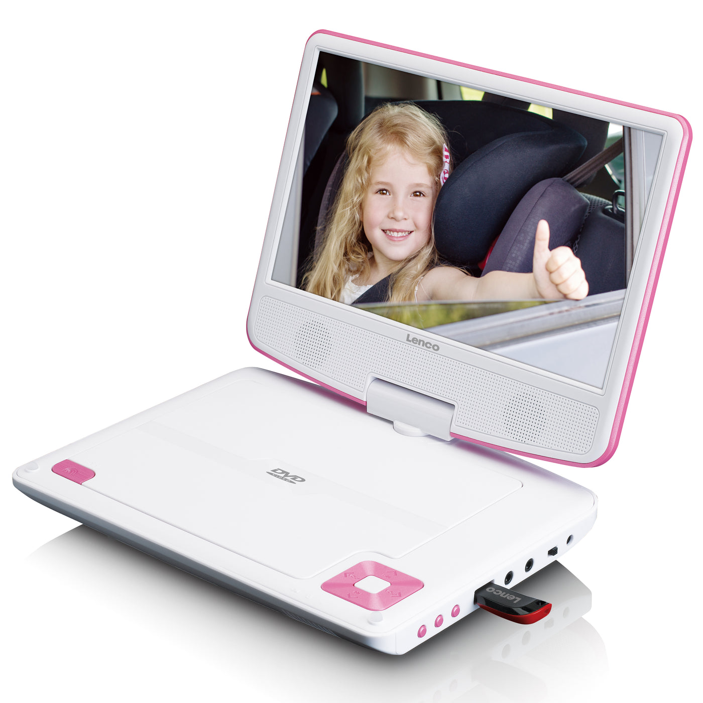 LENCO DVP-910PK - Portable 9" DVD player with USB headphones and mounting bracket - Pink/white