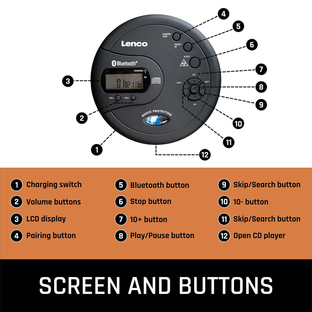 LENCO CD-300BK - Portable Bluetooth® CD-MP3 player with antishock
