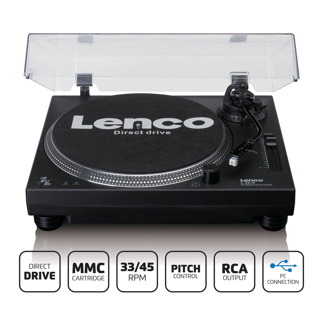 Lenco L-3818BK - Direct drive Record Player with USB/PC Encoding