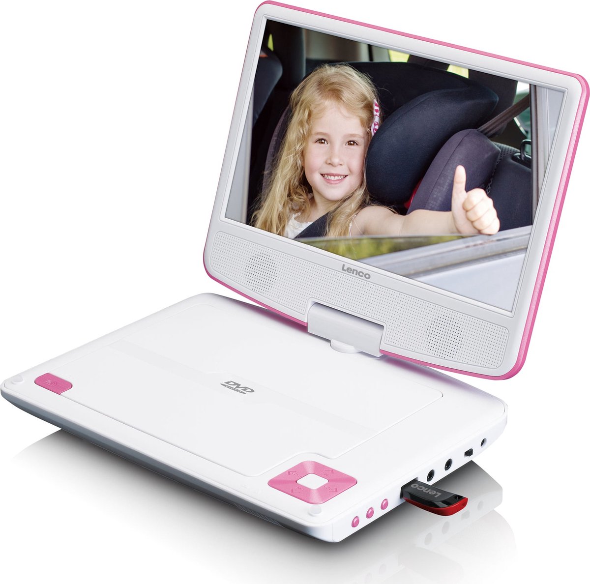 LENCO DVP-920PK - Portable 9" DVD player with USB headphones and mounting bracket - Pink/White