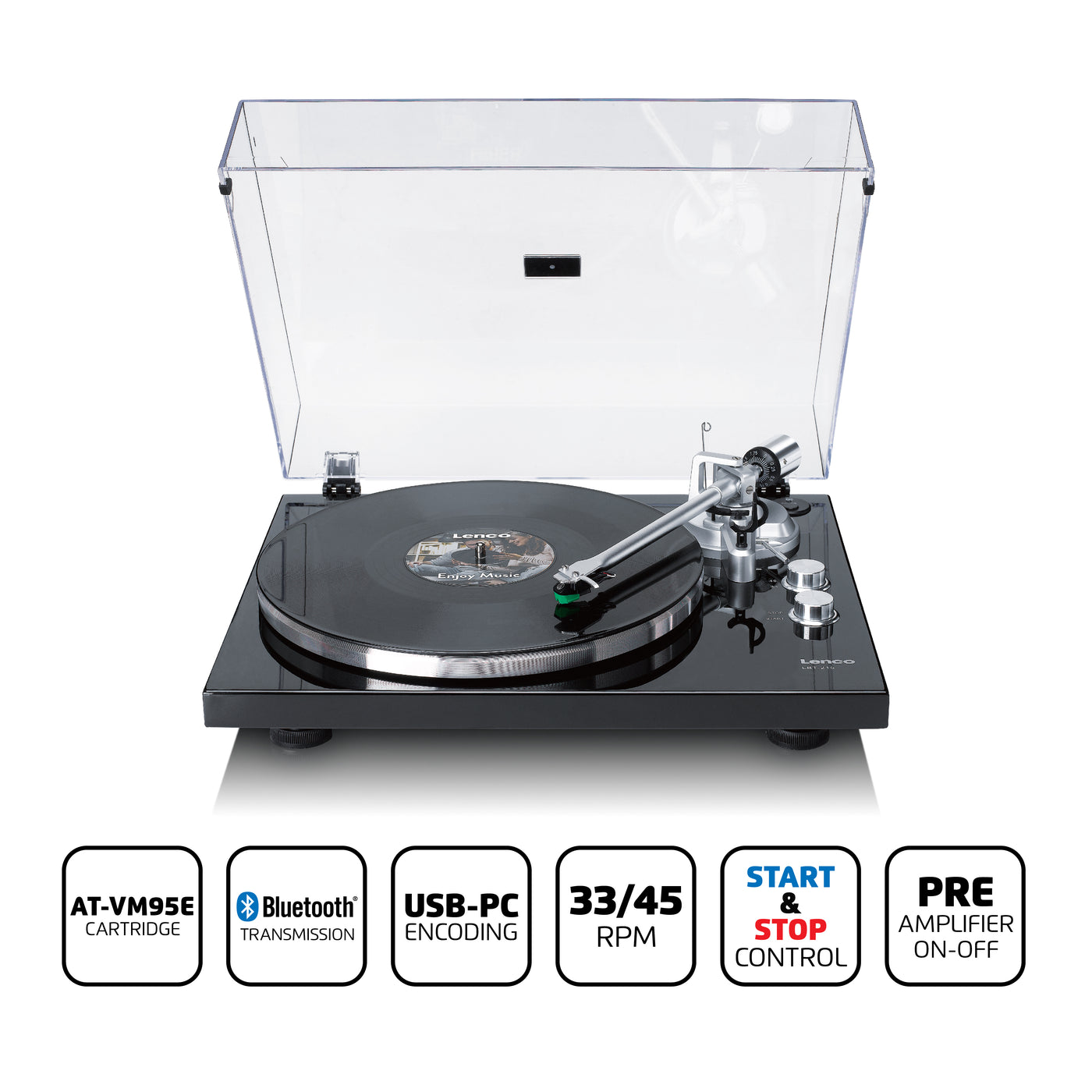 LENCO LBT-215BK - Record player with Bluetooth® and a metal platter, tonearm, and counterweight - Exclusive Piano Black finish