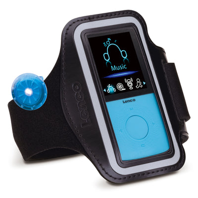 LENCO PODO-153BU - Sportowy odtwarzacz MP3/4 z krokomierzem, sportowymi zatyczkami do uszu i sportową opaską na nadgarstek - niebieski