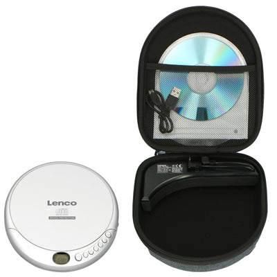 LENCO CD-201SI+PBC-50GY - Portable CD/MP3 player with anti-shock protection and convenient storage case with built-in power bank - Silver/Grey