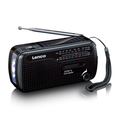 LENCO MCR-112BK - Przenośne radio awaryjne z ręczną korbą, latarka i power bank w jednym - Czarny