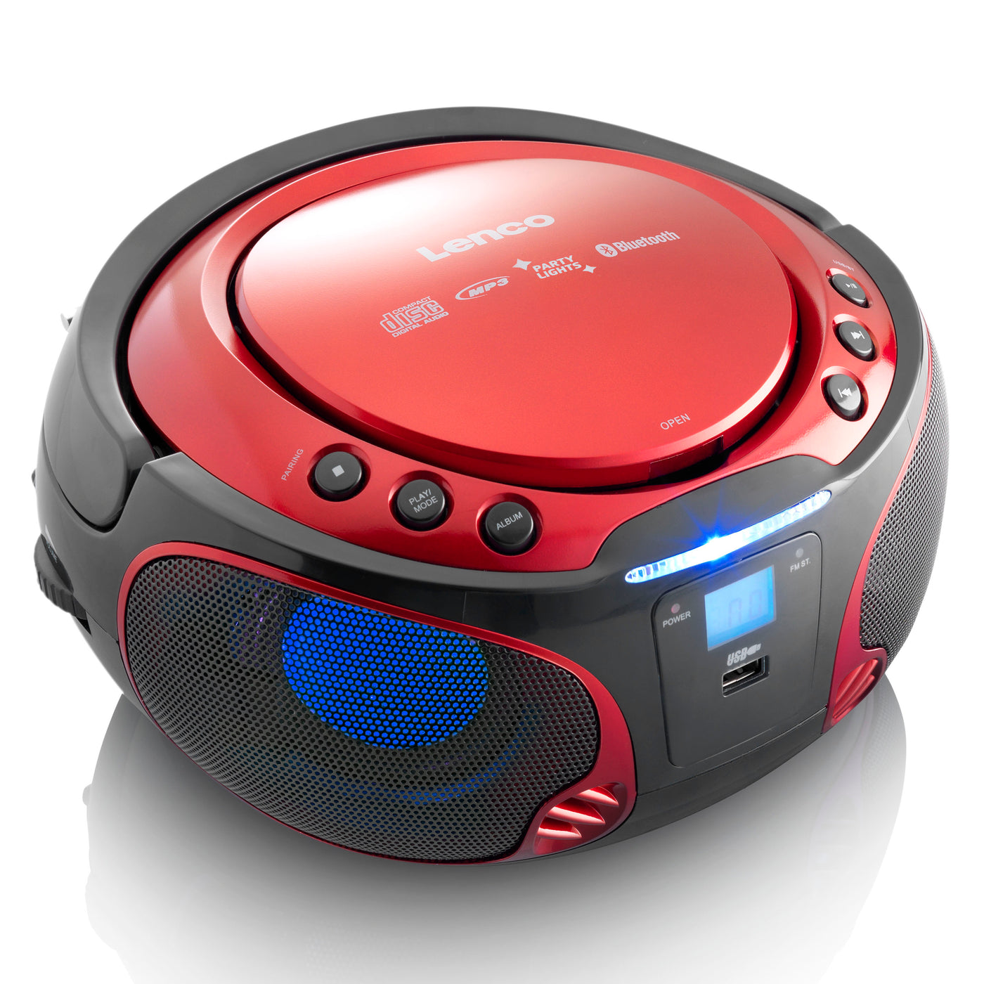 LENCO SCD-550RD - Przenośne radio FM Odtwarzacz CD/MP3/USB/Bluetooth® z oświetleniem LED - Czerwony