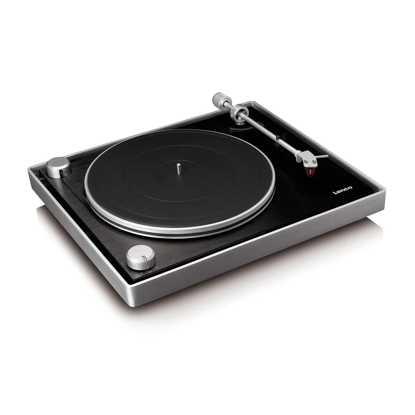 LENCO L-455BK - Record player with visible belt drive, brushed aluminium frame and Ortofon 2M RED cartridge - Black