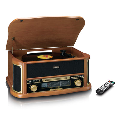 CLASSIC PHONO TCD-2551WD - Drewniany gramofon retro z Bluetooth®, radiem AM/FM, kodowaniem USB, odtwarzaczem CD, odtwarzaczem kasetowym i wbudowanymi głośnikami - Drewno