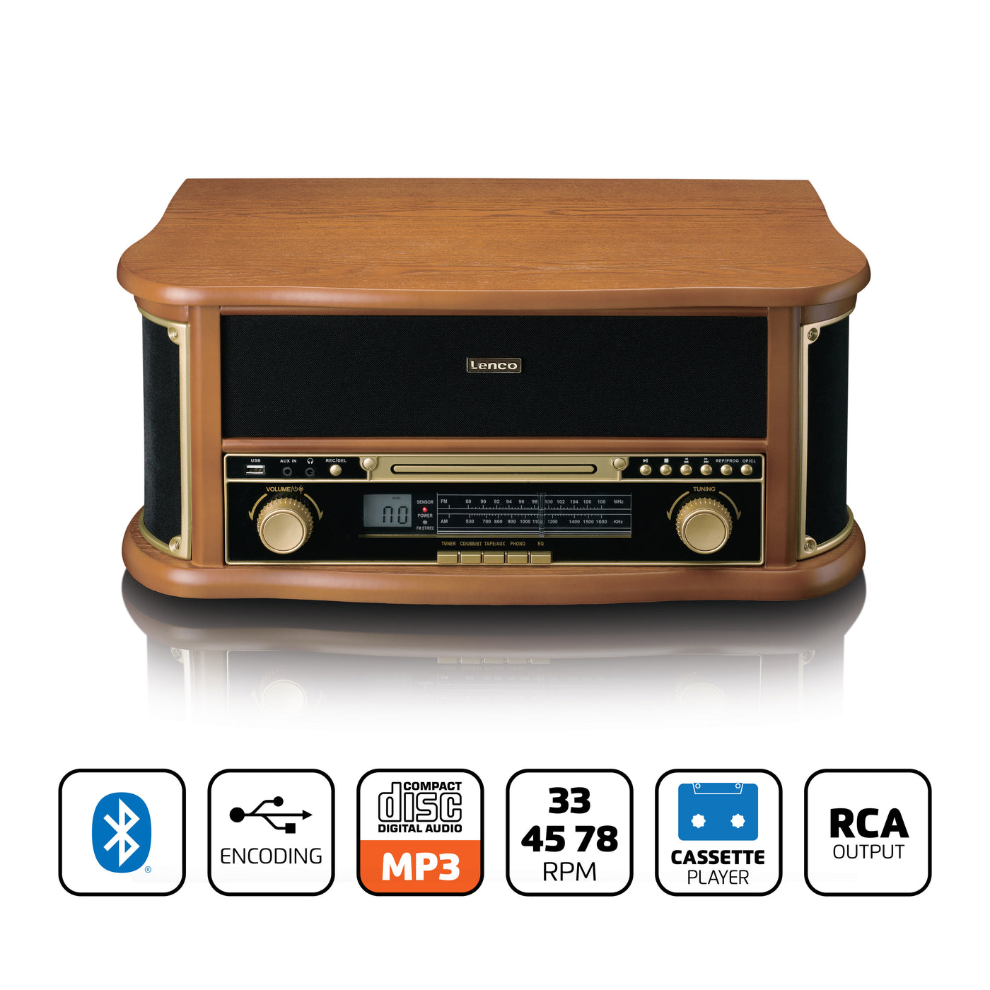 CLASSIC PHONO TCD-2551WD - Wooden retro turntable with Bluetooth®, AM/FM radio, USB encoding, CD player, cassette player, and built-in speakers - Wood