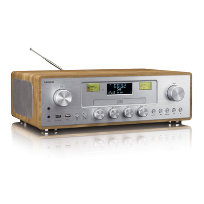 LENCO DAR-281WDSI - Radio DAB+/FM z odtwarzaczem CD, USB, Bluetooth® i punktem ładowania bezprzewodowego - Drewno/Srebro