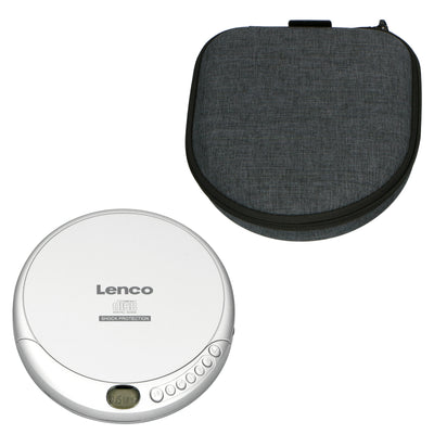 LENCO CD-201SI+PBC-50GY - Przenośny odtwarzacz CD/MP3 z zabezpieczeniem przeciwwstrząsowym i wygodną walizką do przechowywania z wbudowanym powerbankiem - Srebrny/Szary