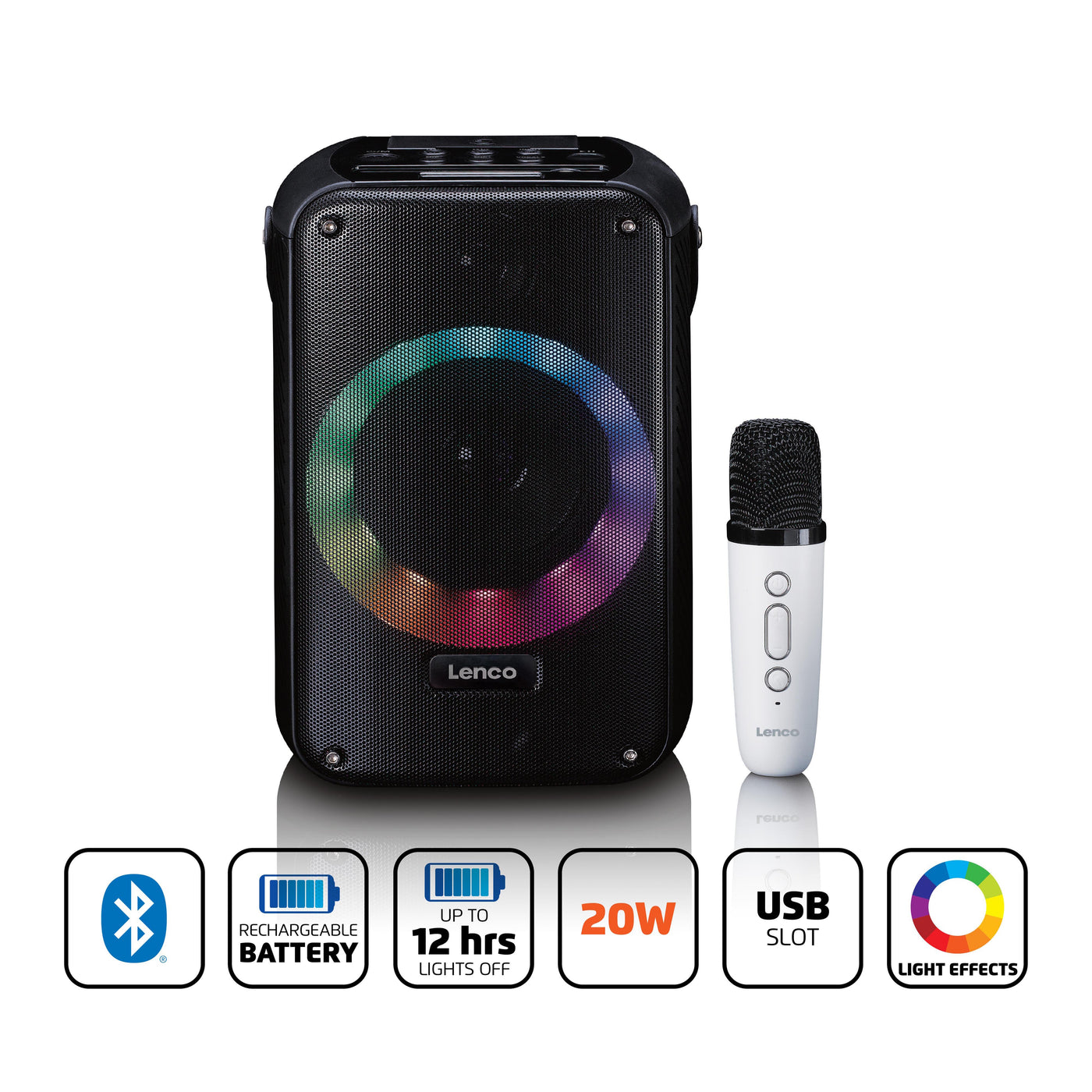 LENCO BTC-060BK - Zestaw do karaoke z Bluetooth®, akumulatorem, bezprzewodowym mikrofonem do karaoke i oświetleniem dyskotekowym LED - Czarny