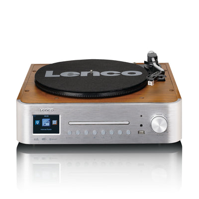 LENCO MC-660WDSI - Wieża Hi-Fi z Internetem, radiem DAB+ i FM, Bluetooth®, odtwarzaczem CD/MP3 i gramofonem z dwoma zewnętrznymi głośnikami drewnianymi - Srebrny/Drewno