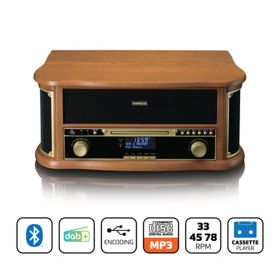 CLASSIC PHONO TCD-2571WD - Drewniany gramofon retro z Bluetooth®, radiem DAB+/FM, kodowaniem USB, odtwarzaczem CD, odtwarzaczem kasetowym i wbudowanymi głośnikami - Drewno