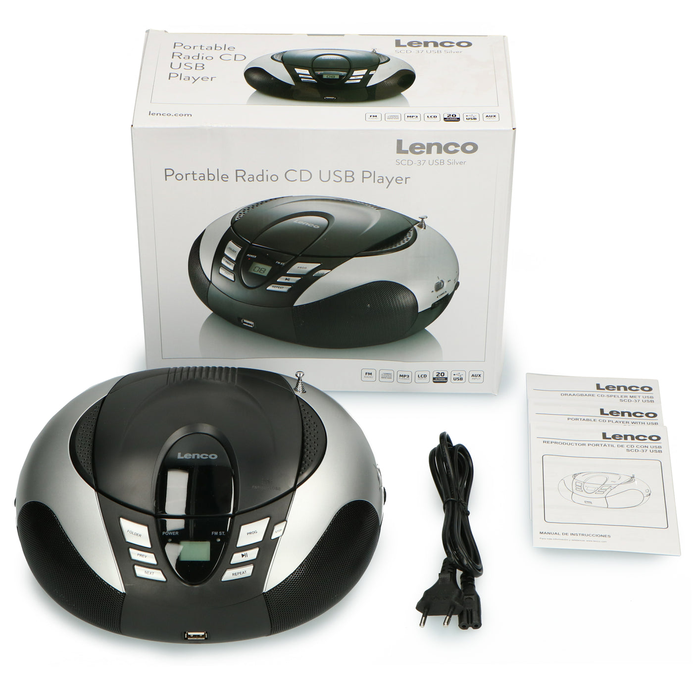 LENCO SCD-37 USB Srebrny - Przenośne radio FM i odtwarzacz USB - Srebrny