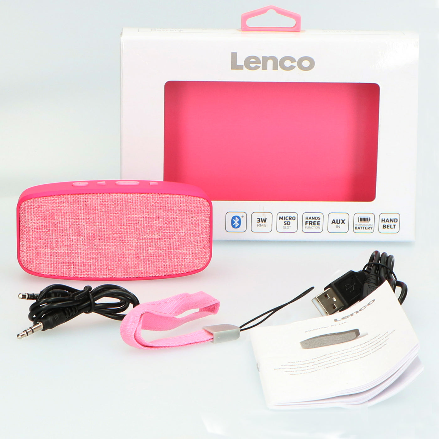 Lenco BT-120PK - Głośnik Bluetooth® o mocy wyjściowej 3 W i paskiem do noszenia - Różowy 