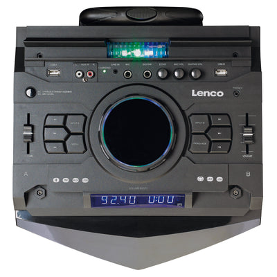 LENCO PMX-300 - High power PA/DJ mixer system with Bluetooth®, USB, built-in battery, wireless microphone and party lights - Black