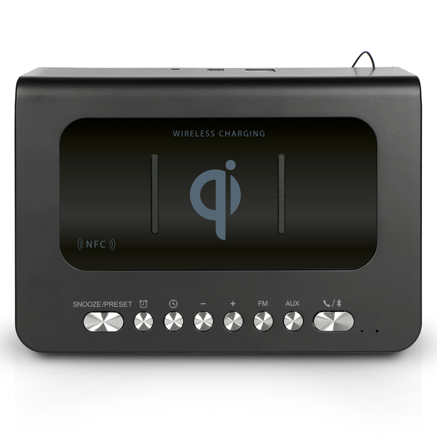 LENCO CR-580BK - Radiobudzik stereofoniczny FM z budzikiem, Bluetooth®, USB i bezprzewodową ładowarką QI - Czarny