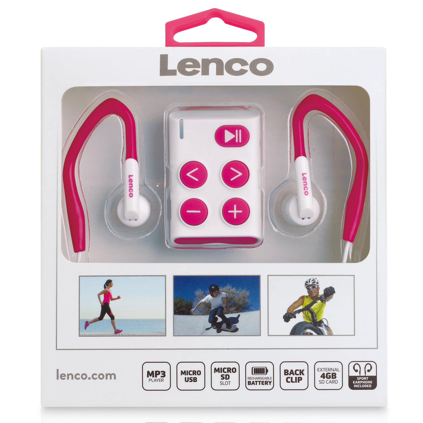 LENCO Xemio-154PK - sportowy odtwarzacz MP3 z baterią sportowe słuchawki douszne Karta micro SD 4 GB - Różowe