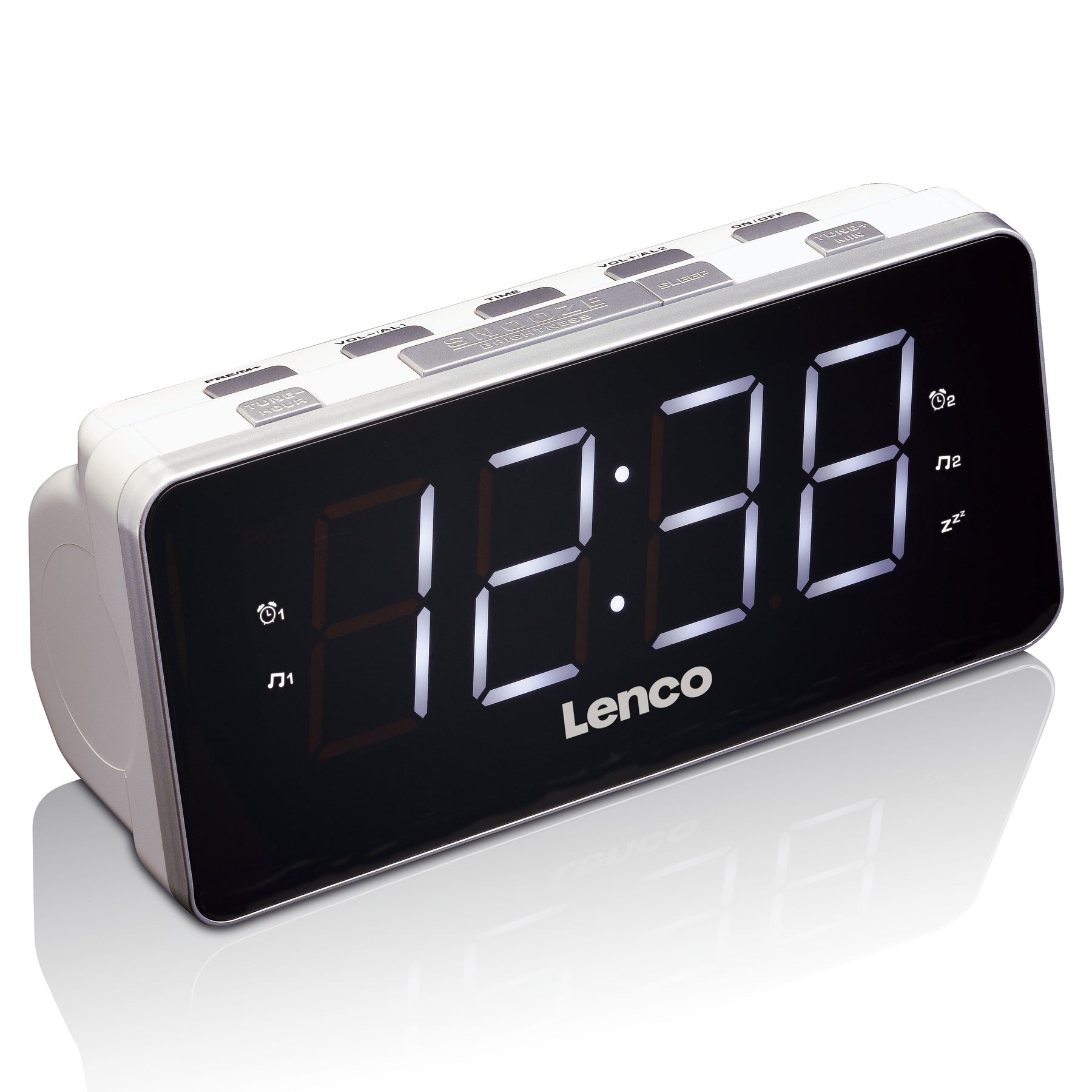 LENCO CR-18 White - PLL FM Alarm Clock Radio large and clear 1.8