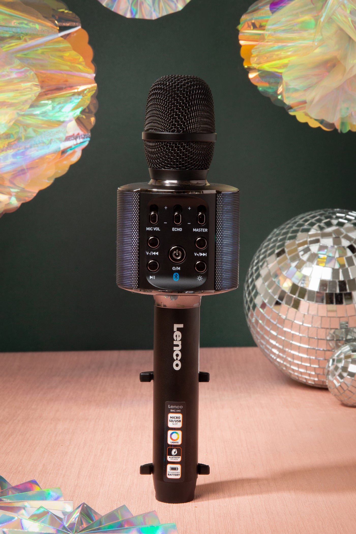 LENCO BMC-090BK - Mikrofon do karaoke Bluetooth® z głośnikiem i oświetleniem - Czarny