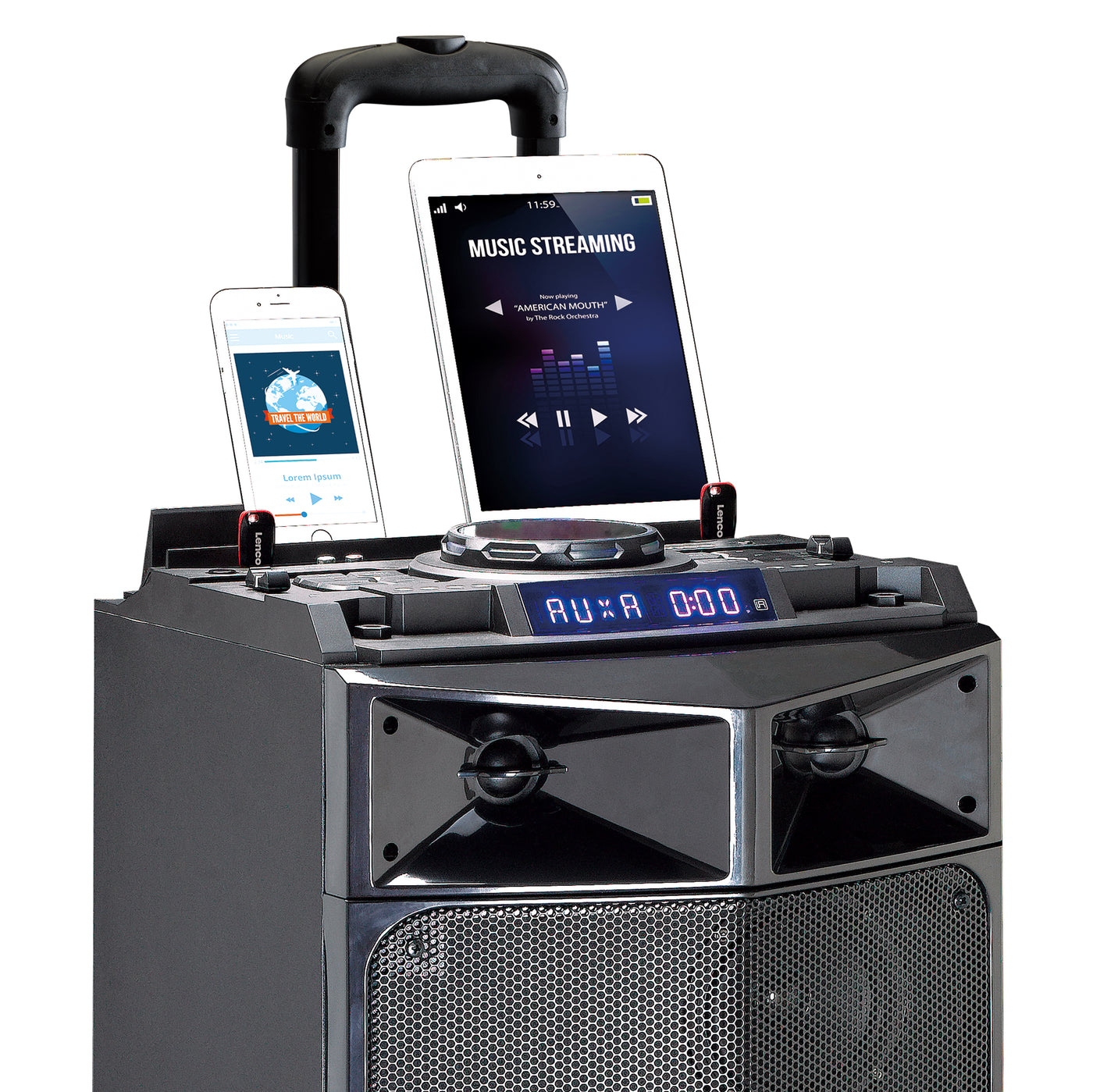 LENCO PMX-300 - System mikserski PA/DJ dużej mocy z Bluetooth®, USB, wbudowaną baterią, mikrofonem bezprzewodowym i oświetleniem imprezowym - Czarny