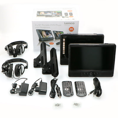 LENCO DVP-1045 Przenośny odtwarzacz DVD 2x10" z USB, SD, wbudowaną baterią, 2 słuchawkami i 2 uchwytami - Czarny