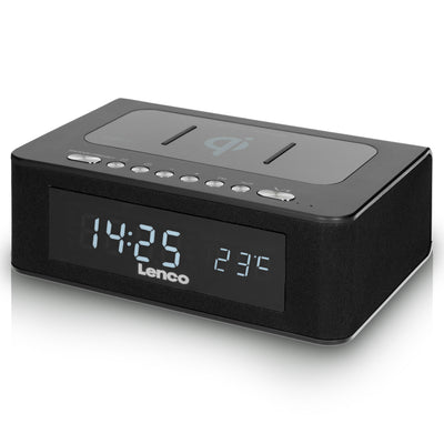 LENCO CR-580BK - Radiobudzik stereofoniczny FM z budzikiem, Bluetooth®, USB i bezprzewodową ładowarką QI - Czarny