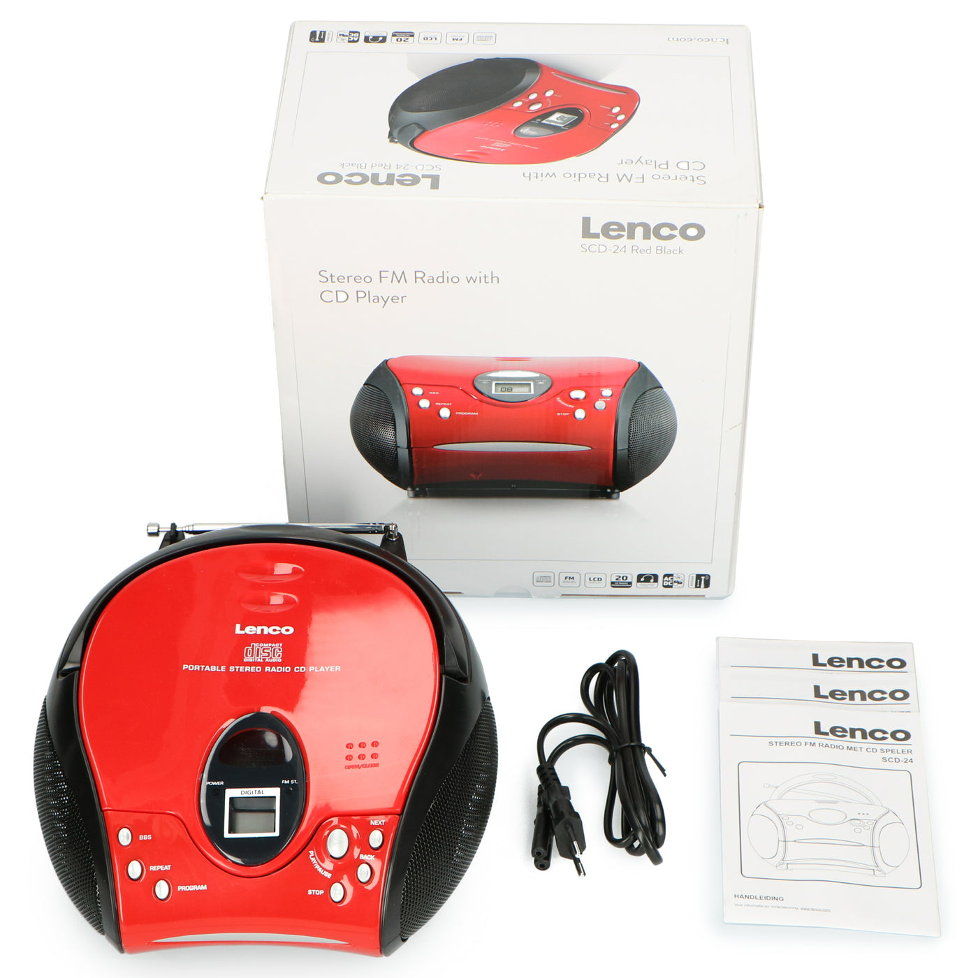 LENCO SCD-24 Red/Black - Przenośne stereofoniczne radio FM z odtwarzaczem CD - czerwono-czarne