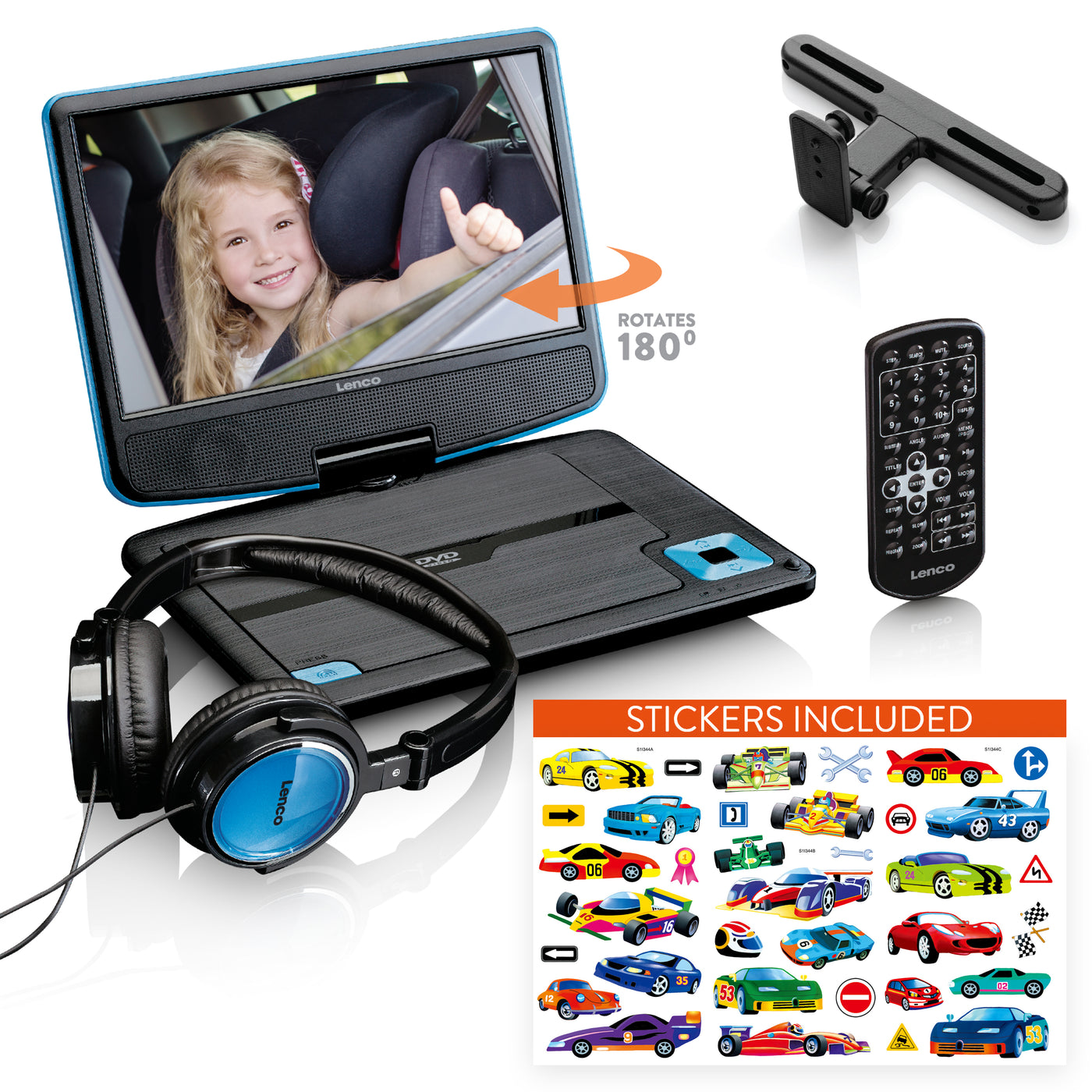 LENCO DVP-920BU - Portable 9" DVD player with USB headphones and mounting bracket - Blue/Black