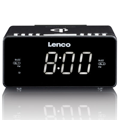 LENCO CR-550BK - Radiobudzik stereofoniczny FM z USB i bezprzewodowym ładowaniem smartfona Qi - Czarny