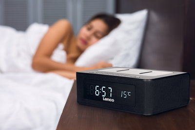 LENCO CR-580BK - Stereo FM Alarm Clock Radio with Bluetooth®, USB and wireless QI charger - Black