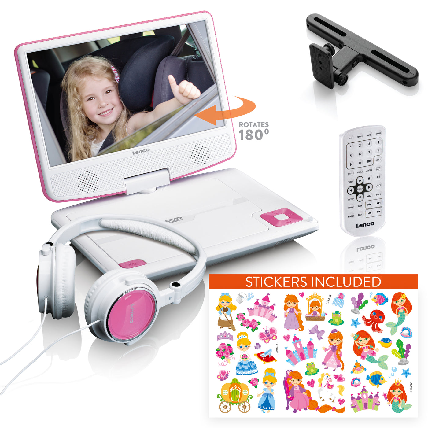 LENCO DVP-920PK - Przenośny odtwarzacz DVD 9" ze słuchawkami USB i uchwytem montażowym - Różowy/Biały