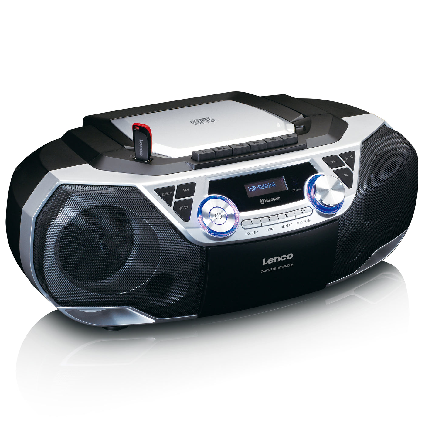LENCO SCD-120SI - Boombox  FM, CD, Cassette, USB, Bluetooth®, RC