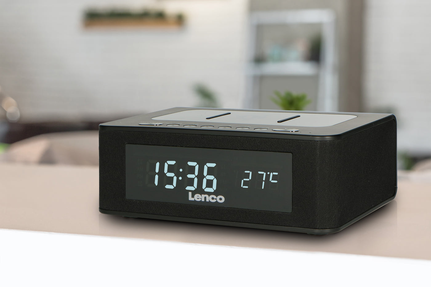 LENCO CR-580BK - Stereo FM Alarm Clock Radio with Bluetooth®, USB and wireless QI charger - Black