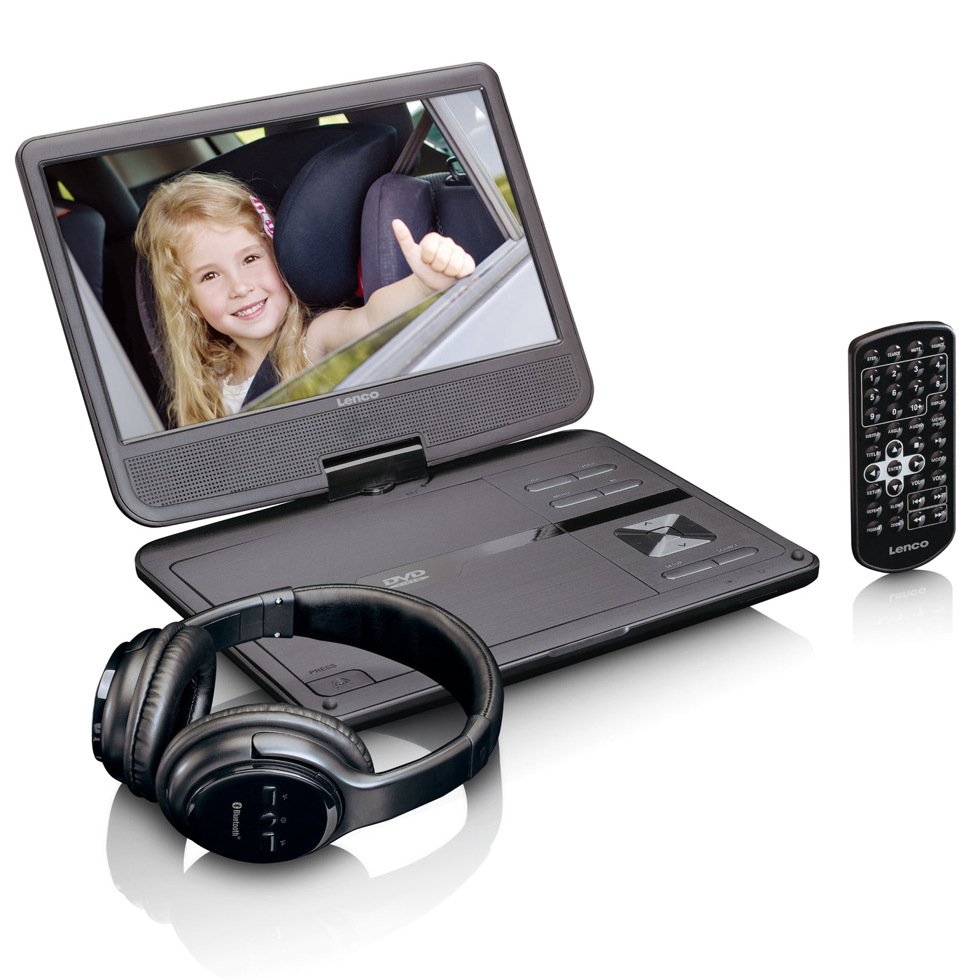 LENCO DVP-1017BK - Portable DVD player with headphone and car bracket - 10 inch - Rotating screen - Bluetooth® headphone